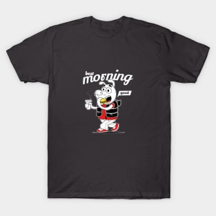 Good morning, an image of a dog with coffee and a sandwich. T-Shirt